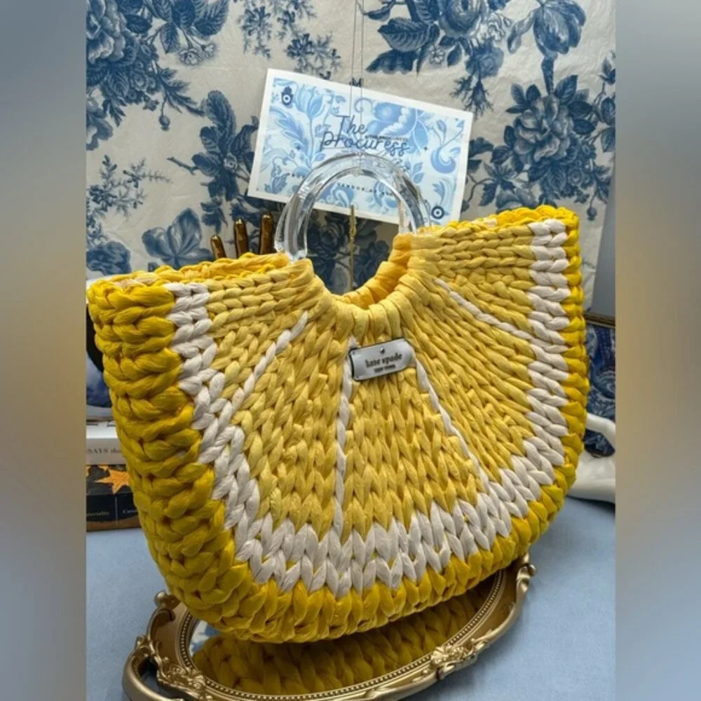 🆕 KATE SPADE NEW YORK 🧿 NWOT Picnic Perfect Lemon Woven Straw Tote Bag *FLAW*